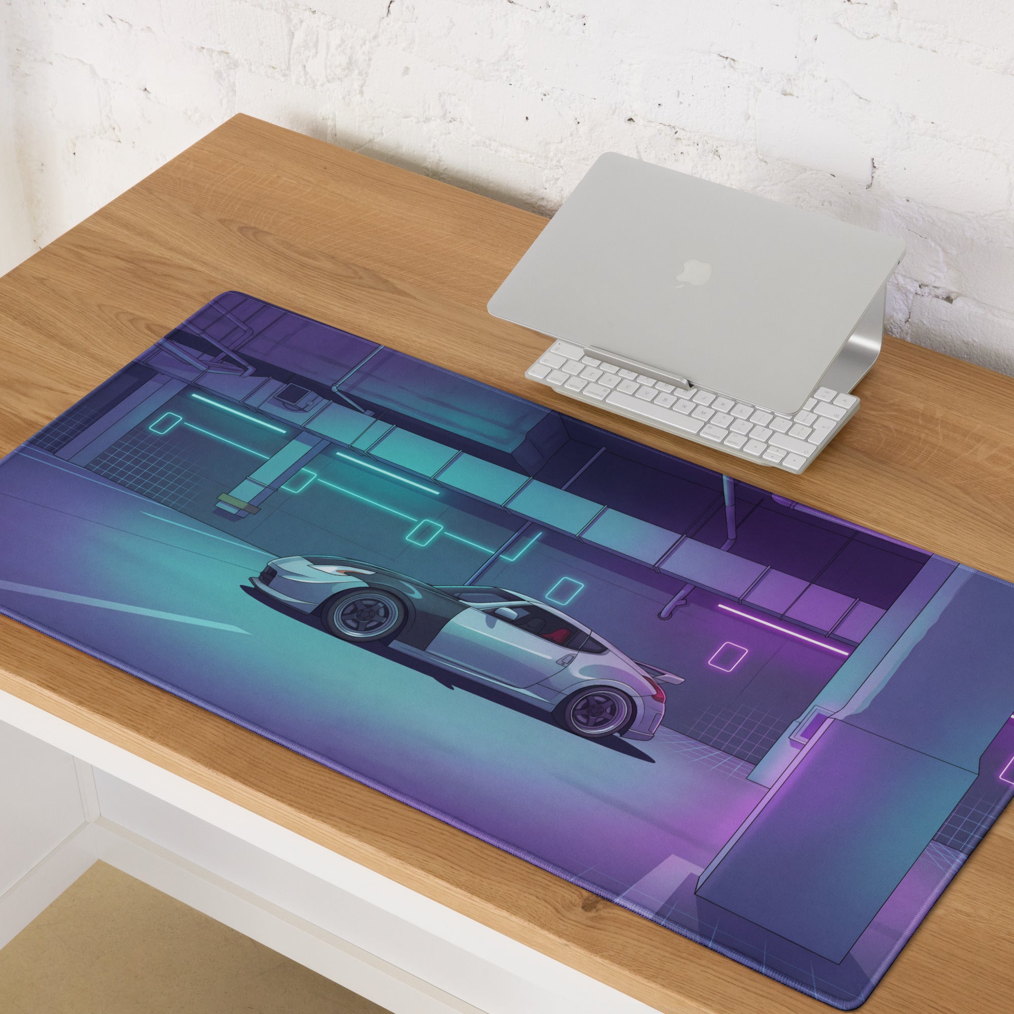 Nissan 370Z Inspired White Vaporwave Gaming Mouse Pad, Neon JDM Sports Car Desk Mat with Cyberpunk Garage Art and Retro Futuristic Style