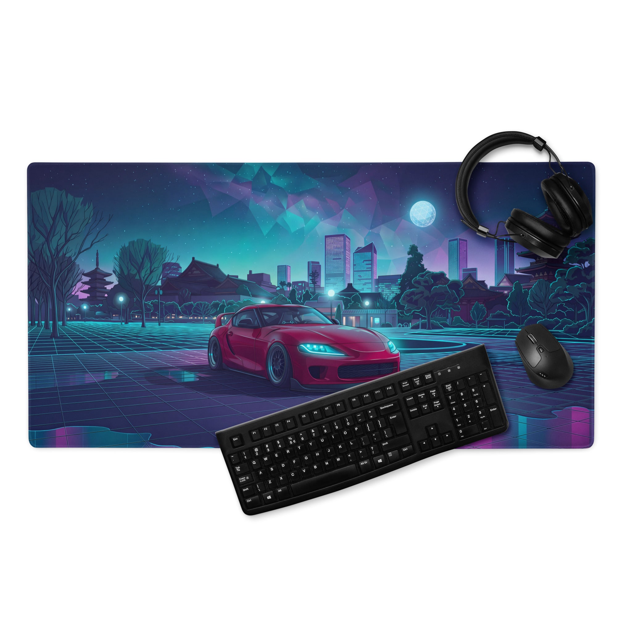 Mk5 Toyota Supra Inspired Red Vaporwave Gaming Mouse Pad, Neon JDM Sports Car Desk Mat with Cyberpunk Japanese Cityscape and Retro Futuristic Art