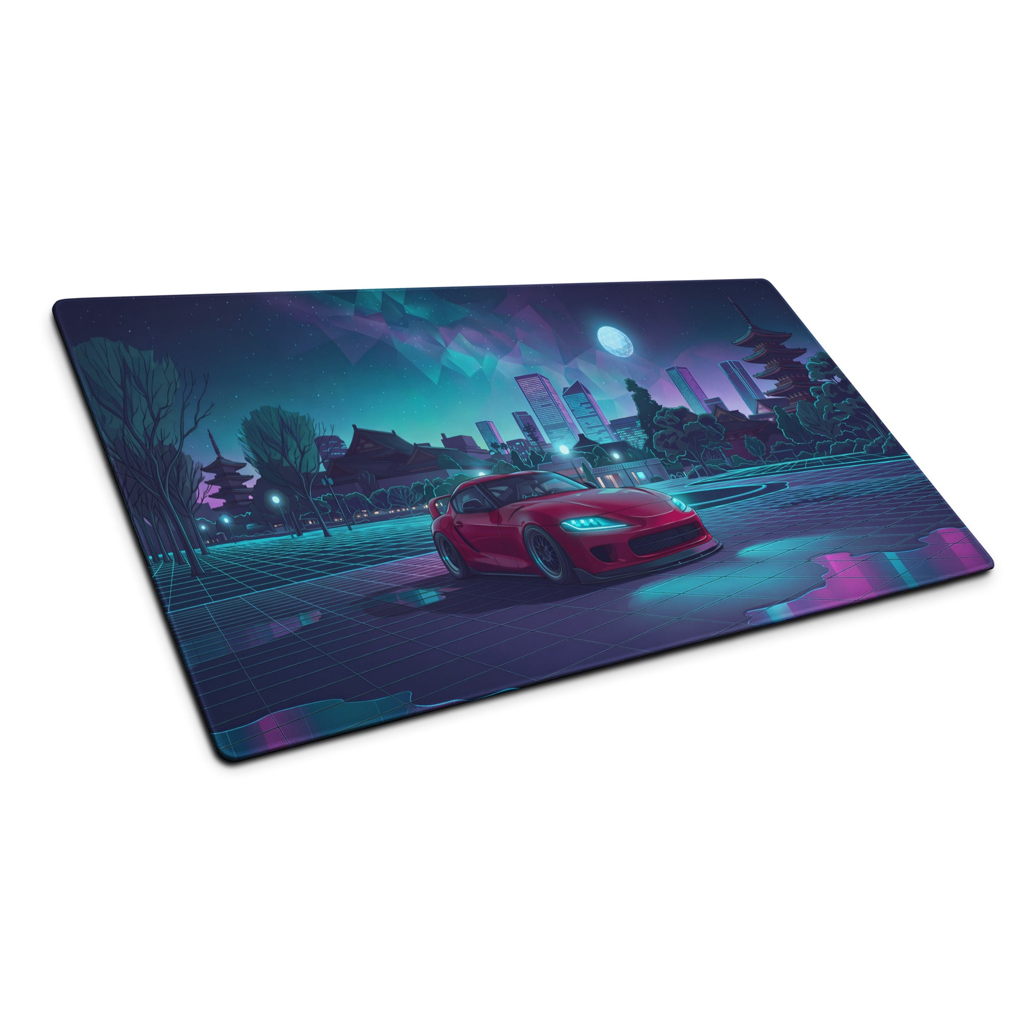 Mk5 Toyota Supra Inspired Red Vaporwave Gaming Mouse Pad, Neon JDM Sports Car Desk Mat with Cyberpunk Japanese Cityscape and Retro Futuristic Art