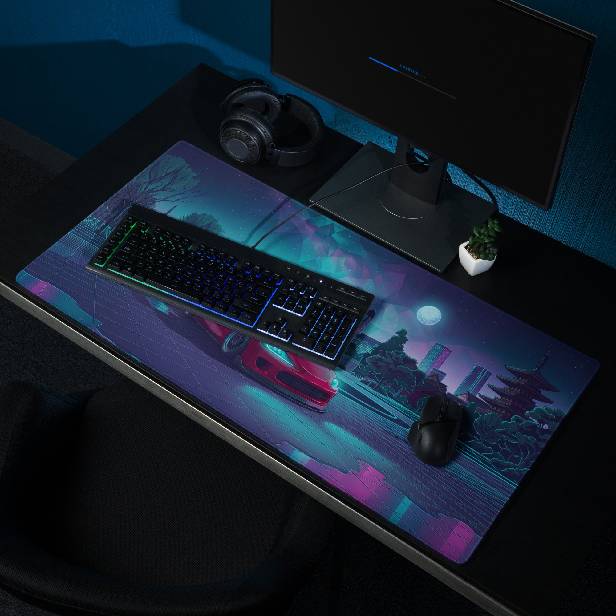 Mk5 Toyota Supra Inspired Red Vaporwave Gaming Mouse Pad, Neon JDM Sports Car Desk Mat with Cyberpunk Japanese Cityscape and Retro Futuristic Art