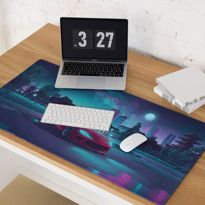 Mk5 Toyota Supra Inspired Red Vaporwave Gaming Mouse Pad, Neon JDM Sports Car Desk Mat with Cyberpunk Japanese Cityscape and Retro Futuristic Art