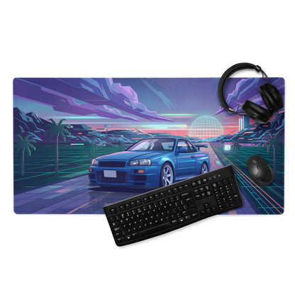 Nissan Skyline GT-R R34 Inspired Blue Vaporwave Gaming Mouse Pad, Neon JDM Sports Car Desk Mat with Retro Futuristic Synthwave Landscape Art
