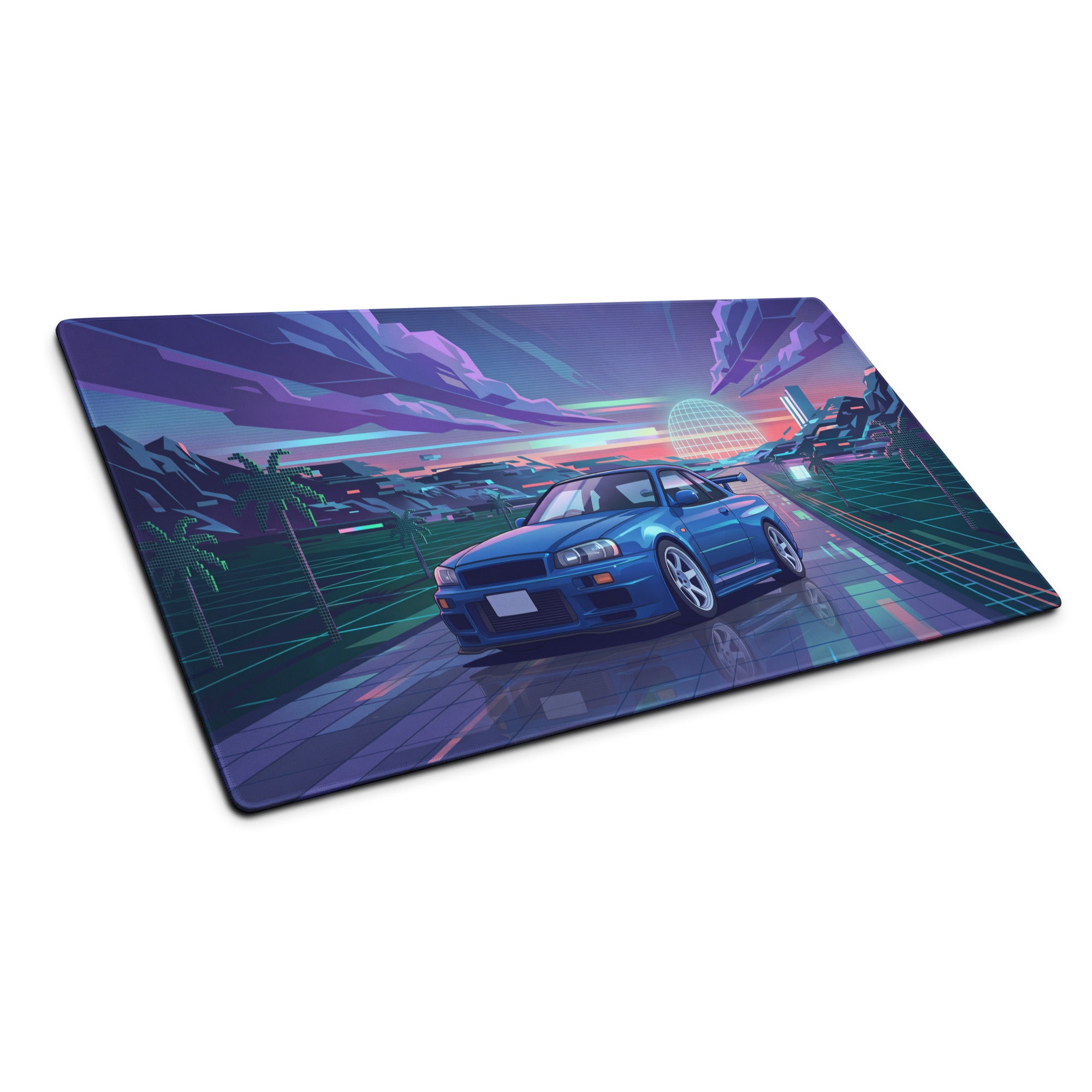 Nissan Skyline GT-R R34 Inspired Blue Vaporwave Gaming Mouse Pad, Neon JDM Sports Car Desk Mat with Retro Futuristic Synthwave Landscape Art