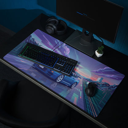 Nissan Skyline GT-R R34 Inspired Blue Vaporwave Gaming Mouse Pad, Neon JDM Sports Car Desk Mat with Retro Futuristic Synthwave Landscape Art