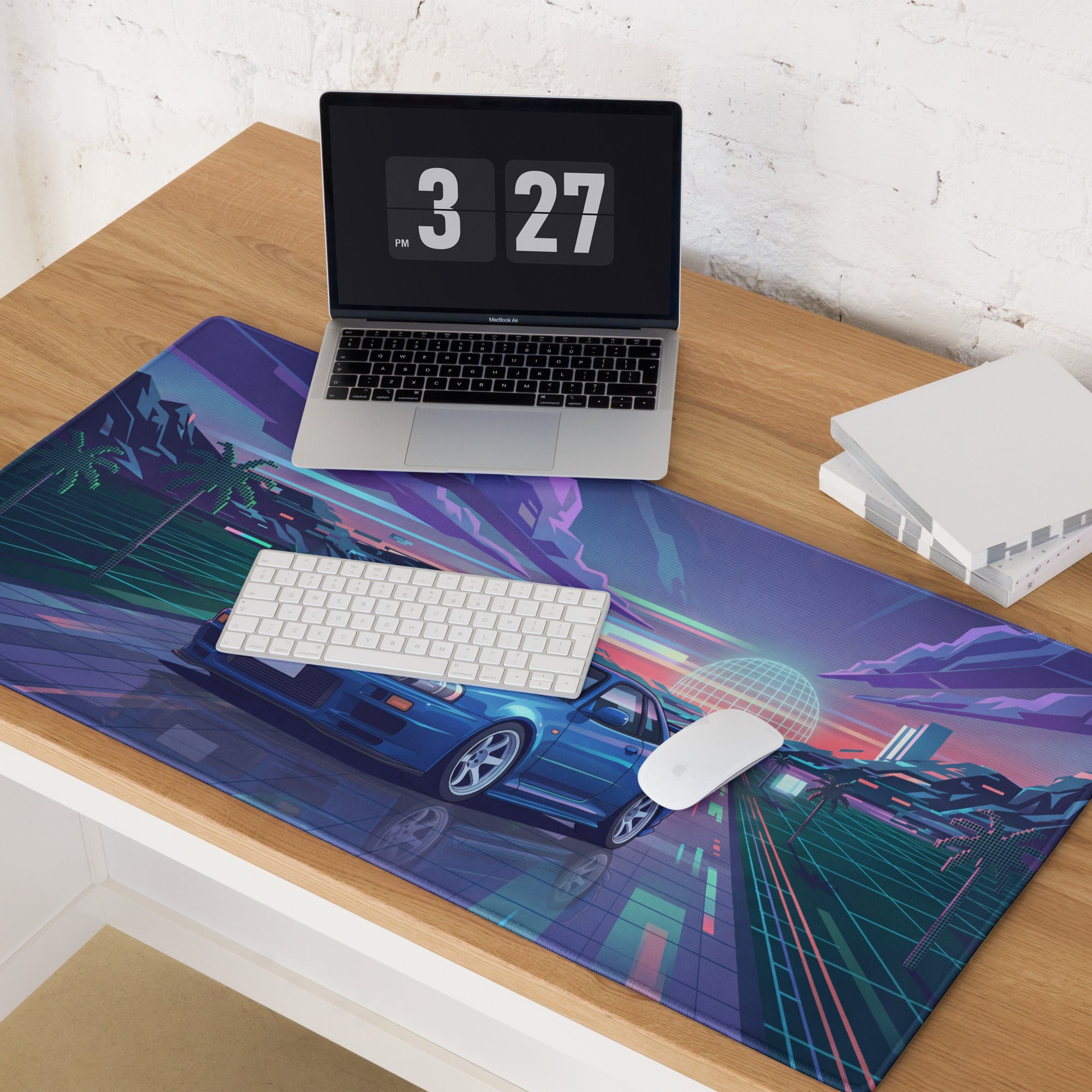 Nissan Skyline GT-R R34 Inspired Blue Vaporwave Gaming Mouse Pad, Neon JDM Sports Car Desk Mat with Retro Futuristic Synthwave Landscape Art