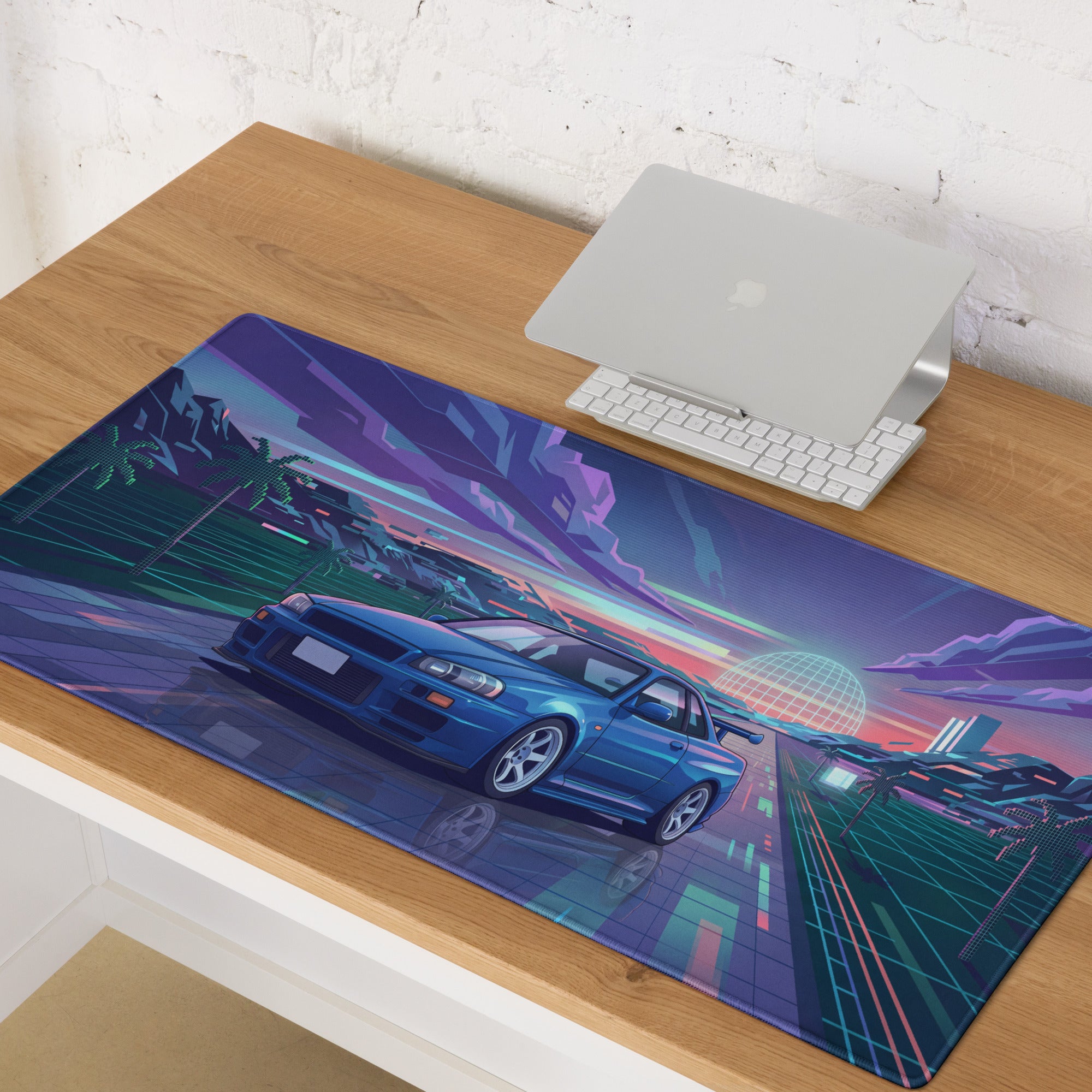 Nissan Skyline GT-R R34 Inspired Blue Vaporwave Gaming Mouse Pad, Neon JDM Sports Car Desk Mat with Retro Futuristic Synthwave Landscape Art