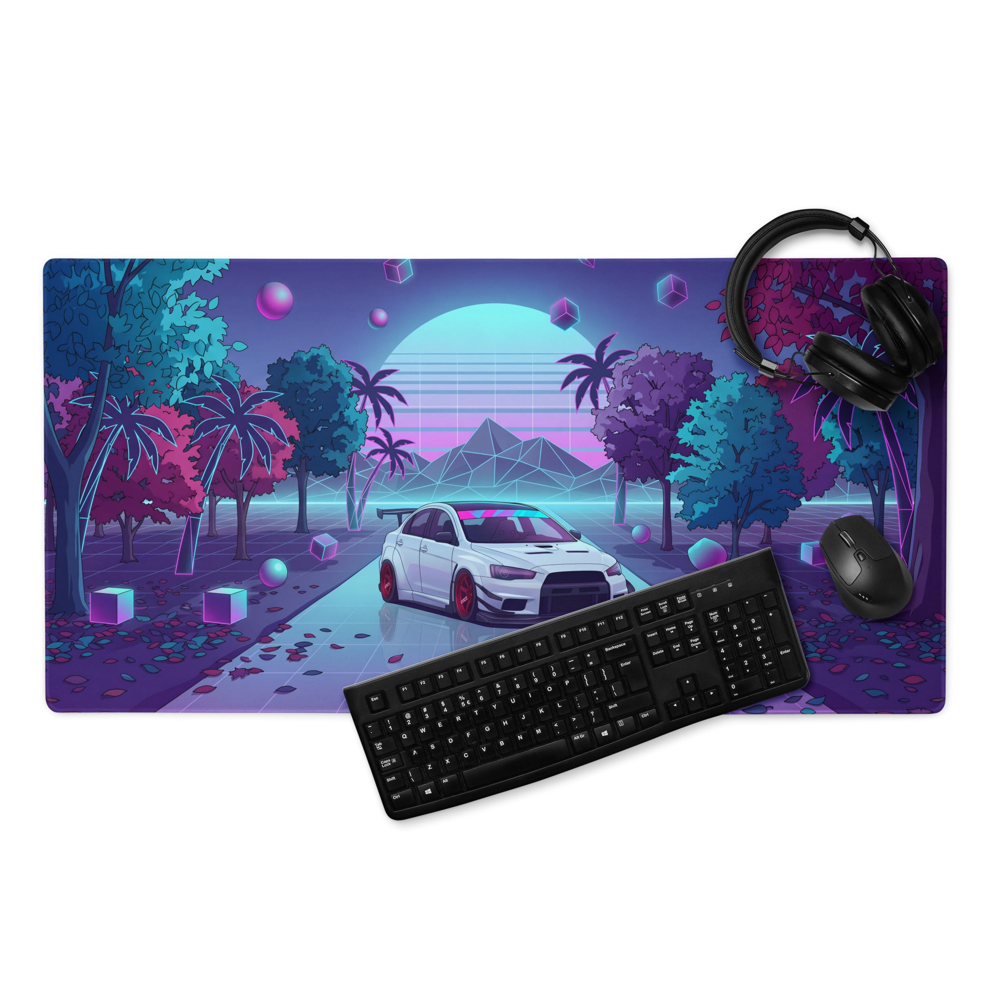 Mitsubishi Lancer Evolution X Inspired White Vaporwave Gaming Mouse Pad, Neon JDM Performance Car Desk Mat with Retro Futuristic Synthwave Art