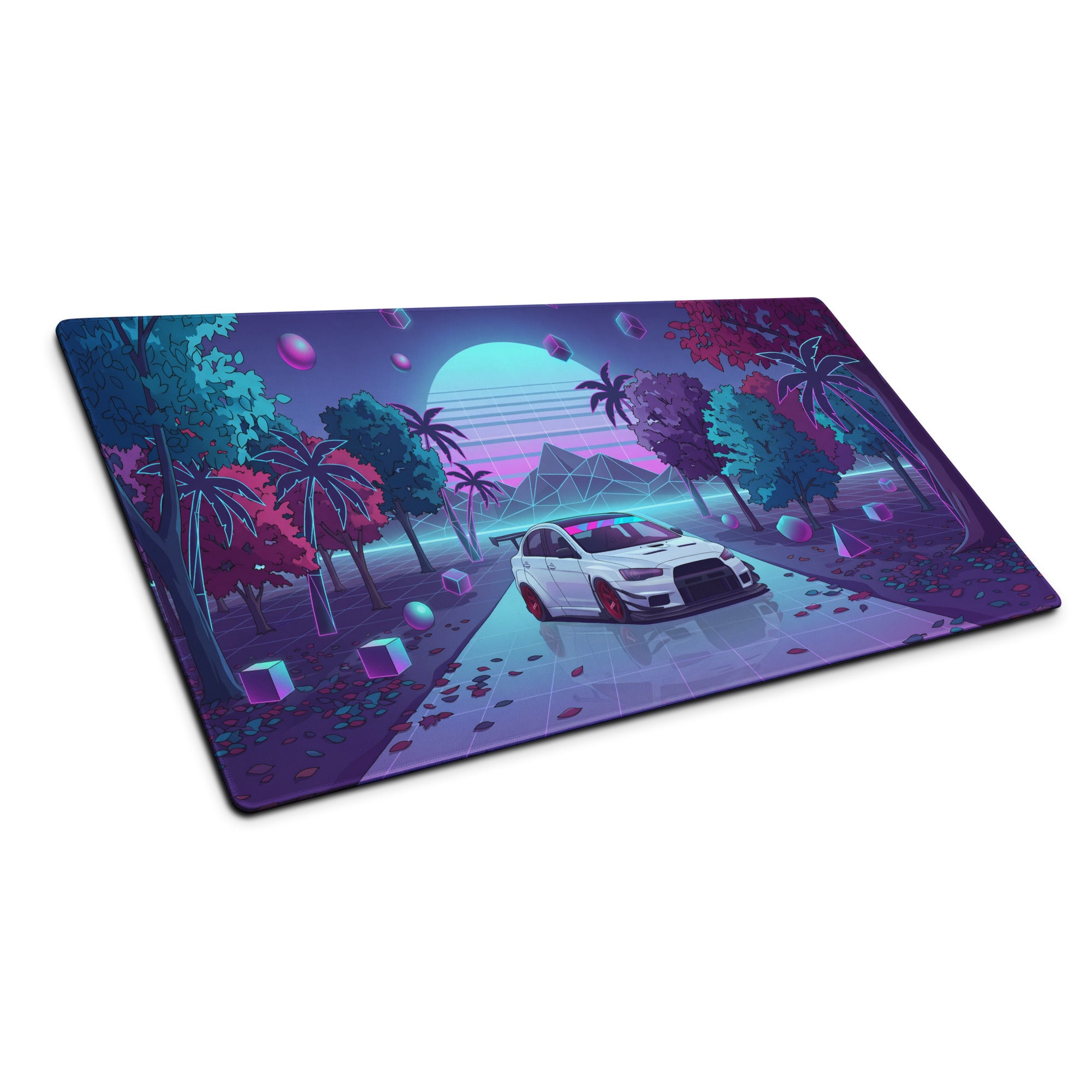 Mitsubishi Lancer Evolution X Inspired White Vaporwave Gaming Mouse Pad, Neon JDM Performance Car Desk Mat with Retro Futuristic Synthwave Art