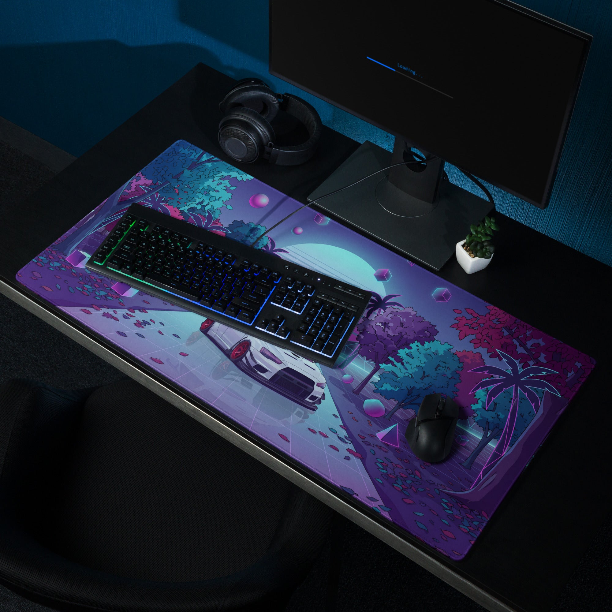 Mitsubishi Lancer Evolution X Inspired White Vaporwave Gaming Mouse Pad, Neon JDM Performance Car Desk Mat with Retro Futuristic Synthwave Art