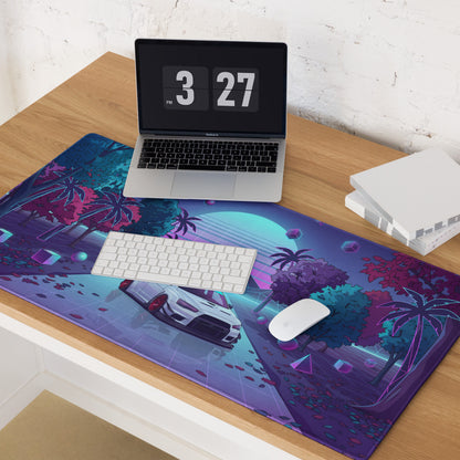 Mitsubishi Lancer Evolution X Inspired White Vaporwave Gaming Mouse Pad, Neon JDM Performance Car Desk Mat with Retro Futuristic Synthwave Art