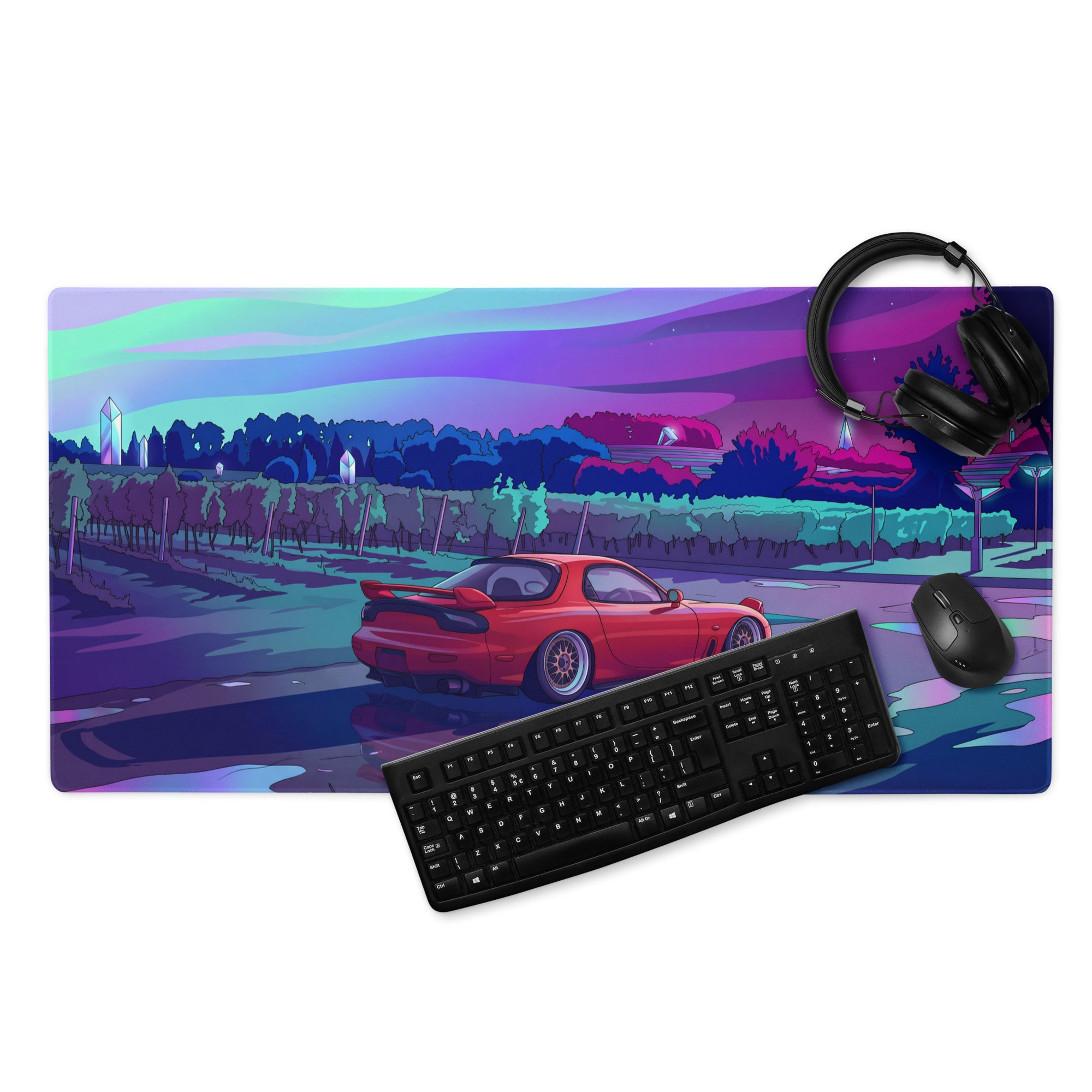 Mazda RX-7 FD Inspired Red Vaporwave Gaming Mouse Pad, Neon JDM Drift Car Desk Mat with Dreamy Retro Futuristic Landscape Art