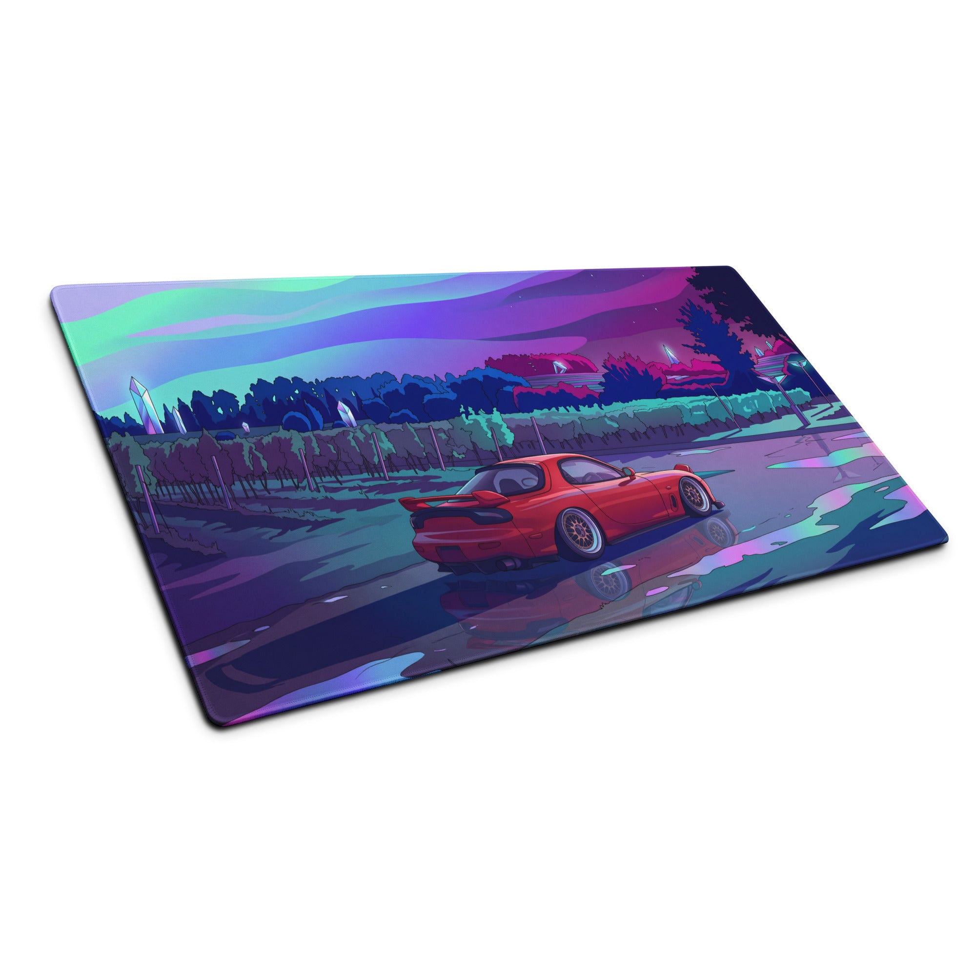 Mazda RX-7 FD Inspired Red Vaporwave Gaming Mouse Pad, Neon JDM Drift Car Desk Mat with Dreamy Retro Futuristic Landscape Art