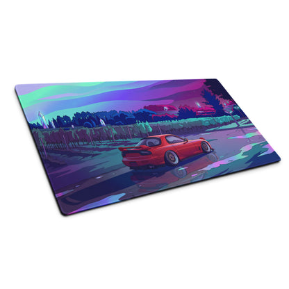 Mazda RX-7 FD Inspired Red Vaporwave Gaming Mouse Pad, Neon JDM Drift Car Desk Mat with Dreamy Retro Futuristic Landscape Art