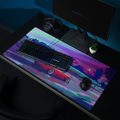 Mazda RX-7 FD Inspired Red Vaporwave Gaming Mouse Pad, Neon JDM Drift Car Desk Mat with Dreamy Retro Futuristic Landscape Art