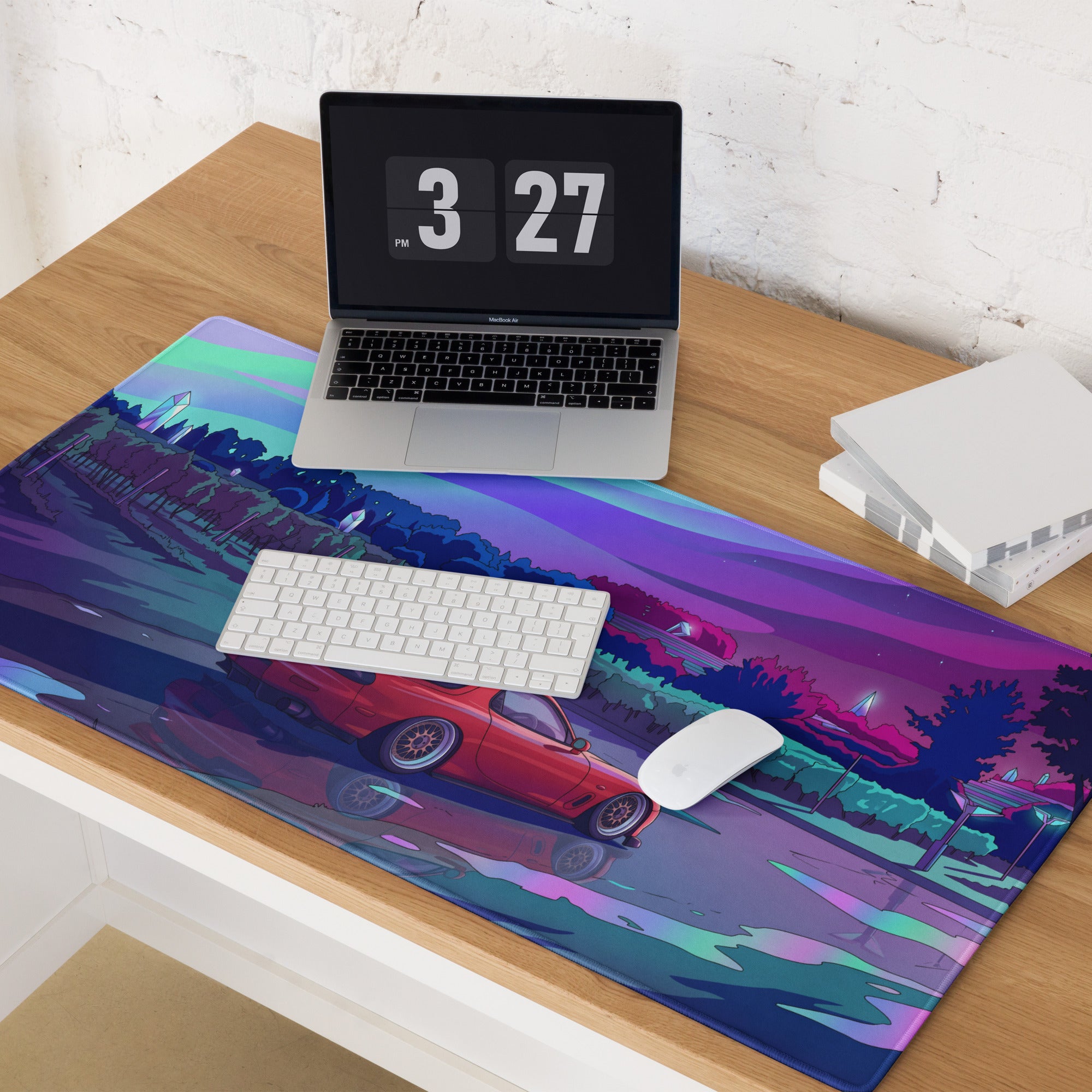 Mazda RX-7 FD Inspired Red Vaporwave Gaming Mouse Pad, Neon JDM Drift Car Desk Mat with Dreamy Retro Futuristic Landscape Art