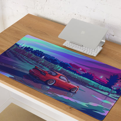 Mazda RX-7 FD Inspired Red Vaporwave Gaming Mouse Pad, Neon JDM Drift Car Desk Mat with Dreamy Retro Futuristic Landscape Art