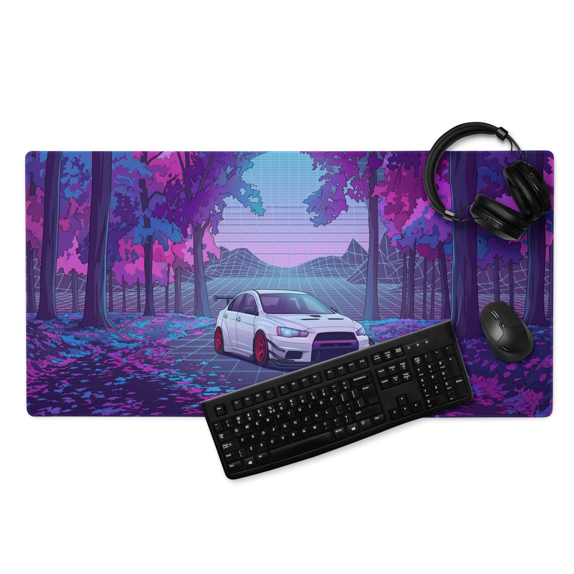 Mitsubishi Lancer Evolution X Inspired White Purple Vaporwave Gaming Mouse Pad, Neon JDM Rally Car Desk Mat with Retro Futuristic Forest Grid Artwork