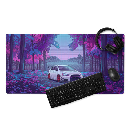 Mitsubishi Lancer Evolution X Inspired White Purple Vaporwave Gaming Mouse Pad, Neon JDM Rally Car Desk Mat with Retro Futuristic Forest Grid Artwork