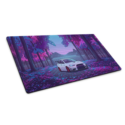 Mitsubishi Lancer Evolution X Inspired White Purple Vaporwave Gaming Mouse Pad, Neon JDM Rally Car Desk Mat with Retro Futuristic Forest Grid Artwork