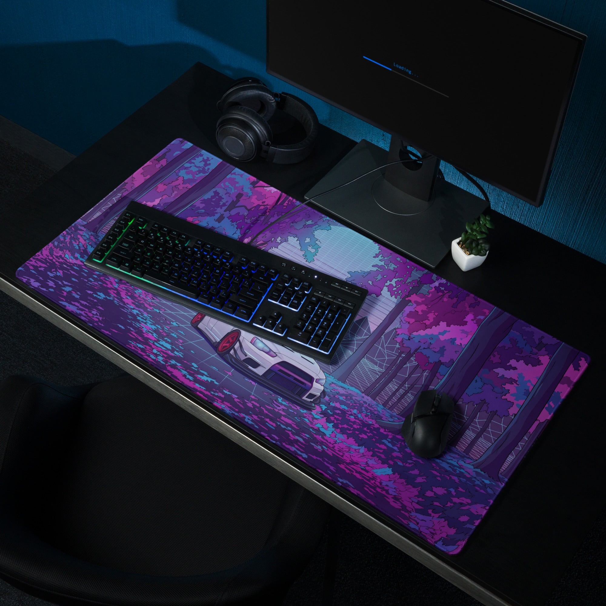 Mitsubishi Lancer Evolution X Inspired White Purple Vaporwave Gaming Mouse Pad, Neon JDM Rally Car Desk Mat with Retro Futuristic Forest Grid Artwork