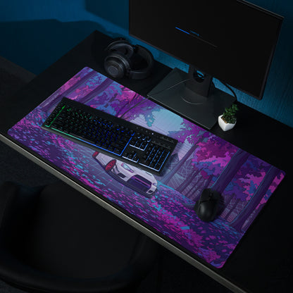 Mitsubishi Lancer Evolution X Inspired White Purple Vaporwave Gaming Mouse Pad, Neon JDM Rally Car Desk Mat with Retro Futuristic Forest Grid Artwork