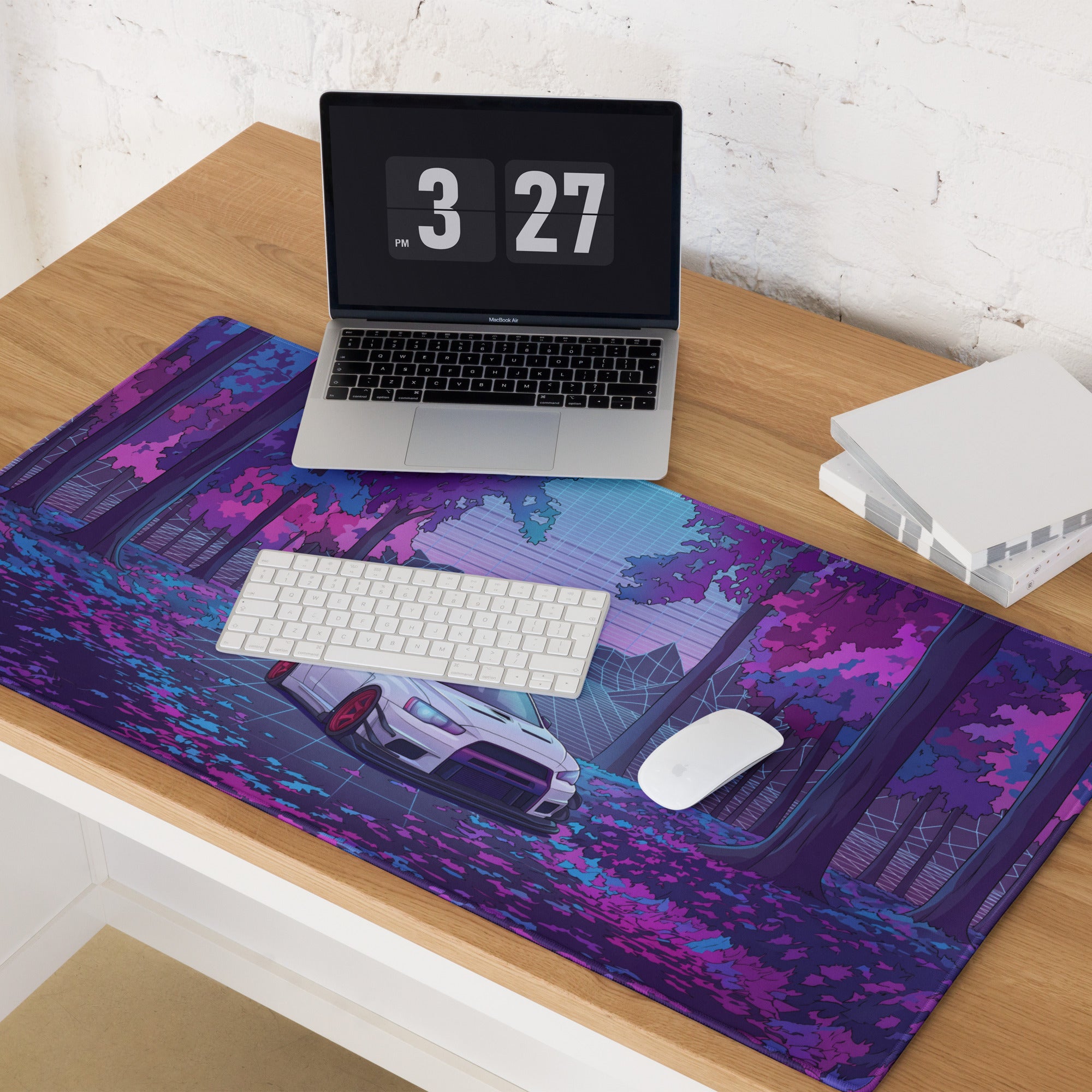 Mitsubishi Lancer Evolution X Inspired White Purple Vaporwave Gaming Mouse Pad, Neon JDM Rally Car Desk Mat with Retro Futuristic Forest Grid Artwork