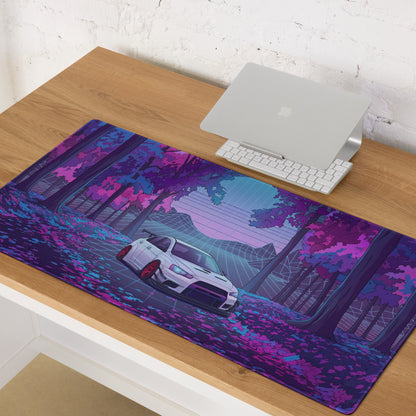 Mitsubishi Lancer Evolution X Inspired White Purple Vaporwave Gaming Mouse Pad, Neon JDM Rally Car Desk Mat with Retro Futuristic Forest Grid Artwork