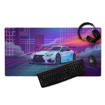 Lexus RC F Inspired White Blue Vaporwave Gaming Mouse Pad, Neon Japanese Luxury Sports Coupe Desk Mat with Retro Futuristic Cyber Grid Artwork