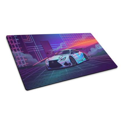 Lexus RC F Inspired White Blue Vaporwave Gaming Mouse Pad, Neon Japanese Luxury Sports Coupe Desk Mat with Retro Futuristic Cyber Grid Artwork