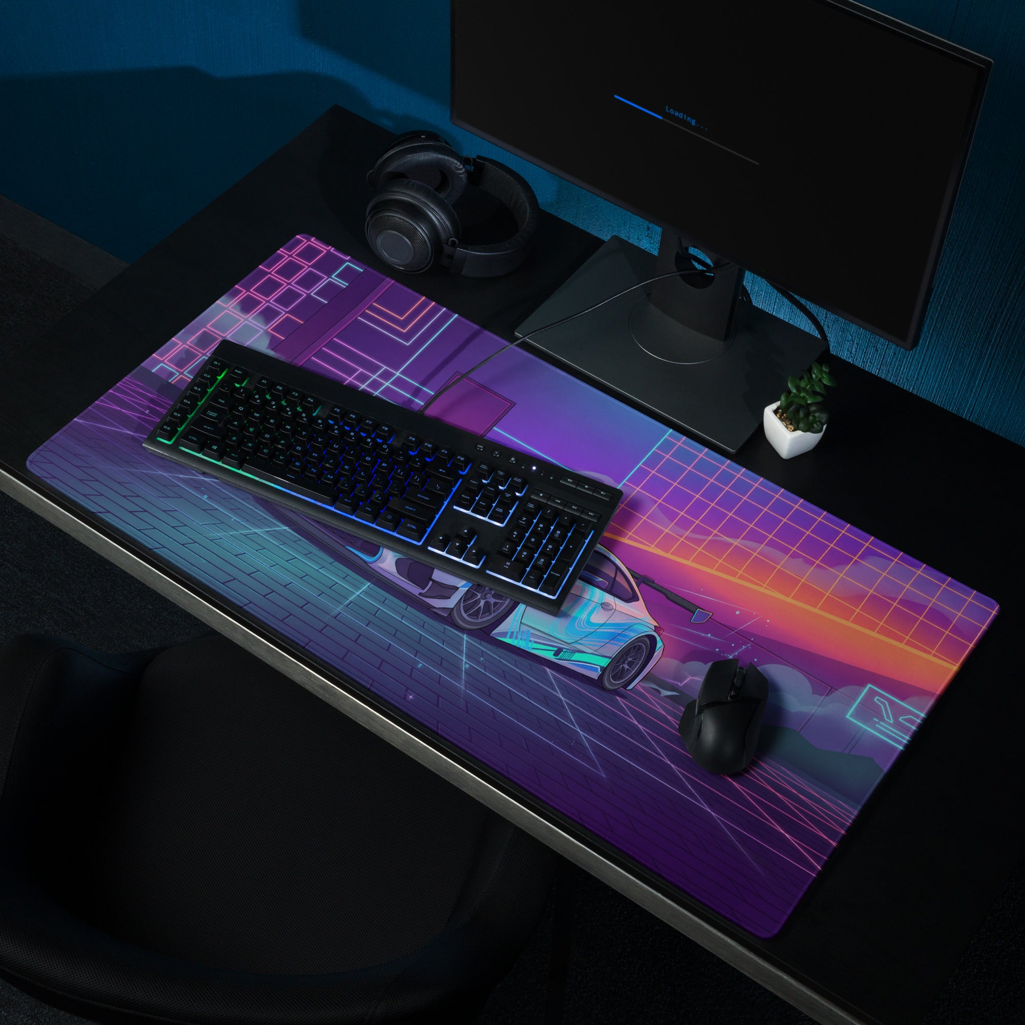 Lexus RC F Inspired White Blue Vaporwave Gaming Mouse Pad, Neon Japanese Luxury Sports Coupe Desk Mat with Retro Futuristic Cyber Grid Artwork