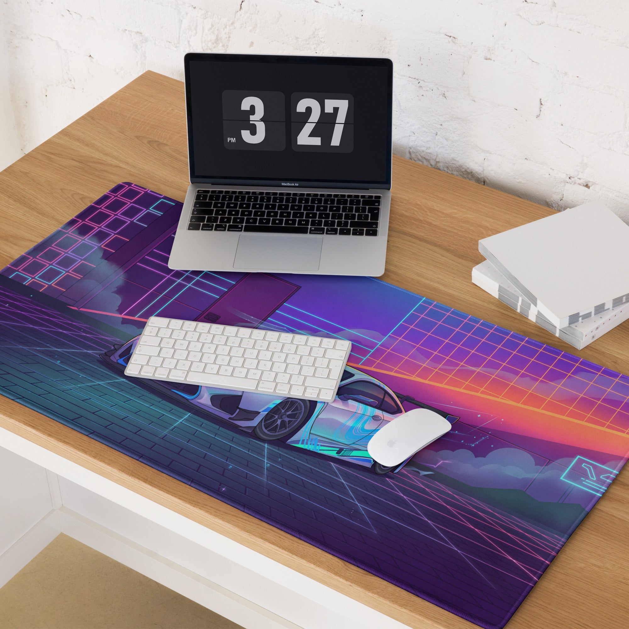 Lexus RC F Inspired White Blue Vaporwave Gaming Mouse Pad, Neon Japanese Luxury Sports Coupe Desk Mat with Retro Futuristic Cyber Grid Artwork