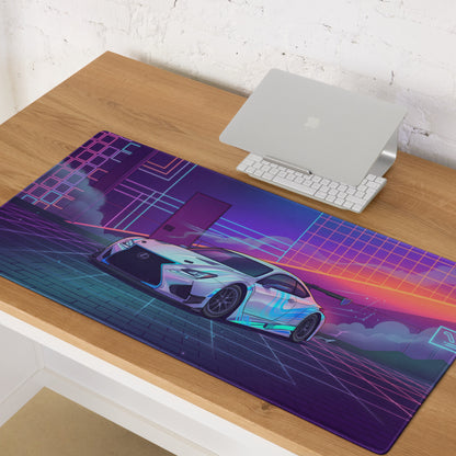 Lexus RC F Inspired White Blue Vaporwave Gaming Mouse Pad, Neon Japanese Luxury Sports Coupe Desk Mat with Retro Futuristic Cyber Grid Artwork