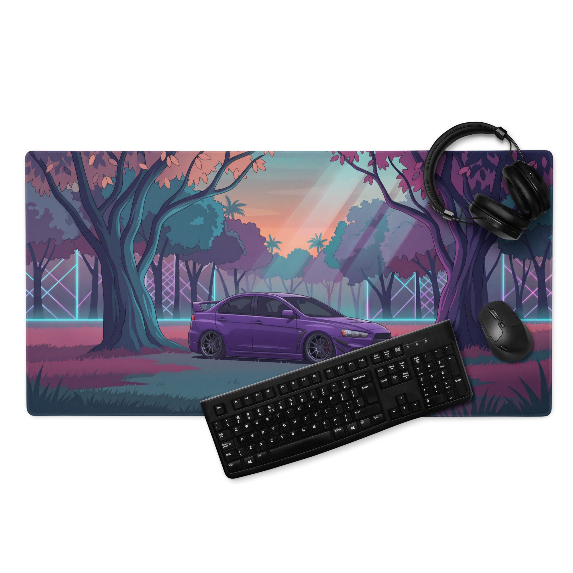 Mitsubishi Lancer Evolution X Inspired Purple Teal Vaporwave Gaming Mouse Pad, Neon JDM Rally Car Desk Mat with Dreamy Retro Futuristic Forest Artwork