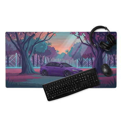 Mitsubishi Lancer Evolution X Inspired Purple Teal Vaporwave Gaming Mouse Pad, Neon JDM Rally Car Desk Mat with Dreamy Retro Futuristic Forest Artwork