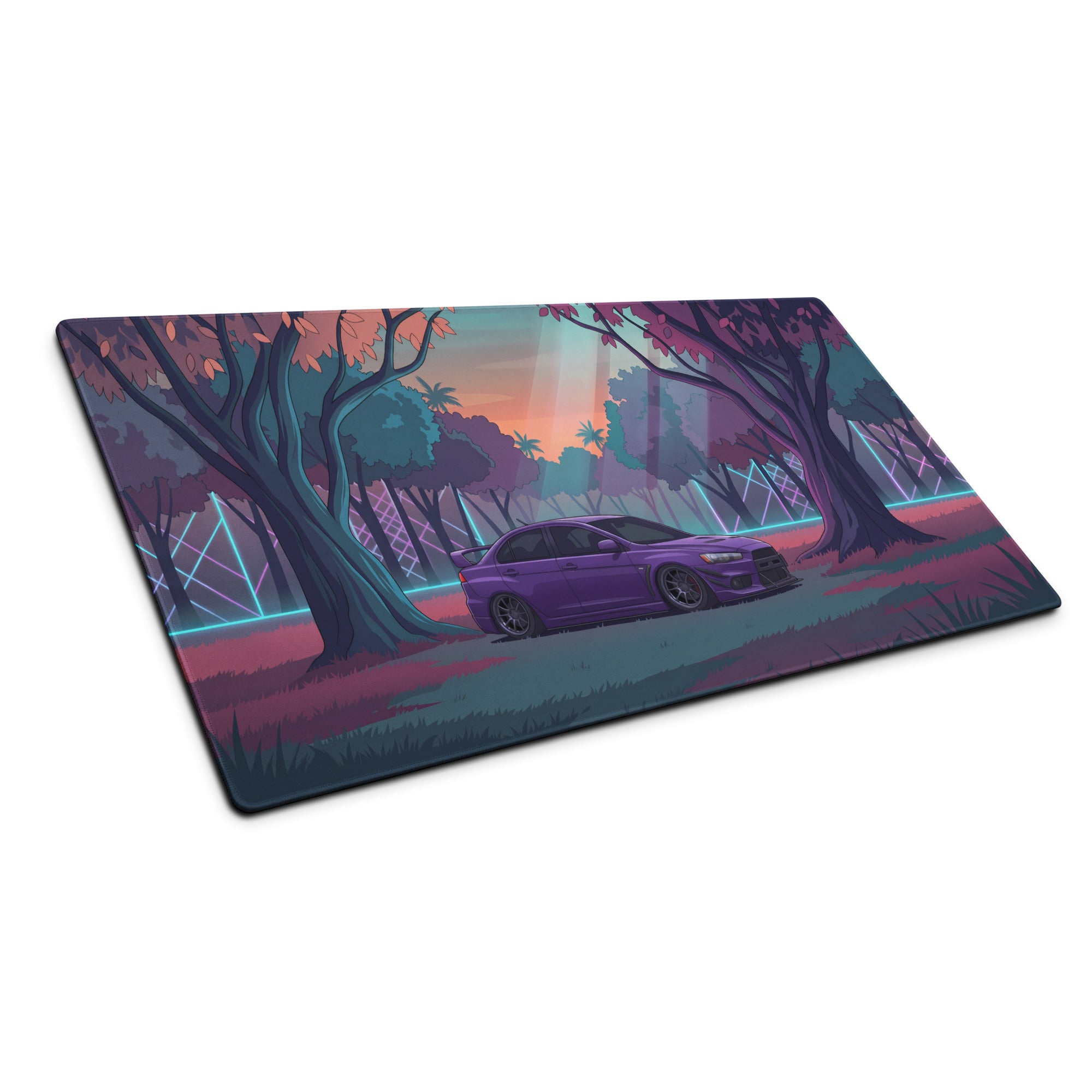 Mitsubishi Lancer Evolution X Inspired Purple Teal Vaporwave Gaming Mouse Pad, Neon JDM Rally Car Desk Mat with Dreamy Retro Futuristic Forest Artwork