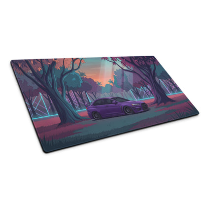 Mitsubishi Lancer Evolution X Inspired Purple Teal Vaporwave Gaming Mouse Pad, Neon JDM Rally Car Desk Mat with Dreamy Retro Futuristic Forest Artwork