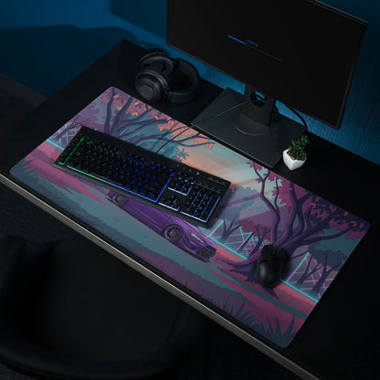 Mitsubishi Lancer Evolution X Inspired Purple Teal Vaporwave Gaming Mouse Pad, Neon JDM Rally Car Desk Mat with Dreamy Retro Futuristic Forest Artwork