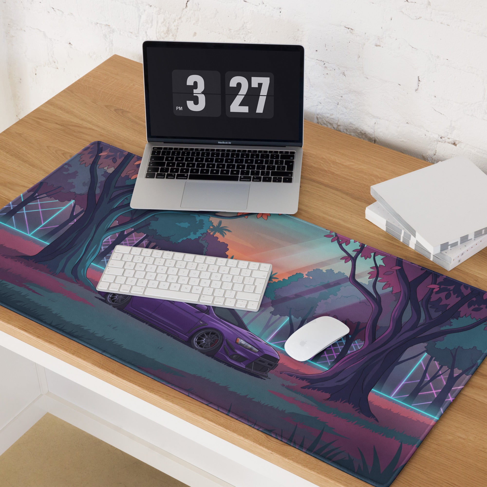 Mitsubishi Lancer Evolution X Inspired Purple Teal Vaporwave Gaming Mouse Pad, Neon JDM Rally Car Desk Mat with Dreamy Retro Futuristic Forest Artwork