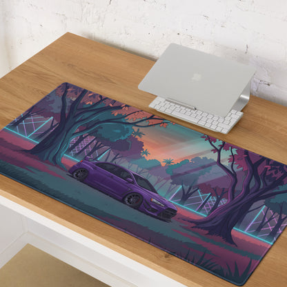Mitsubishi Lancer Evolution X Inspired Purple Teal Vaporwave Gaming Mouse Pad, Neon JDM Rally Car Desk Mat with Dreamy Retro Futuristic Forest Artwork