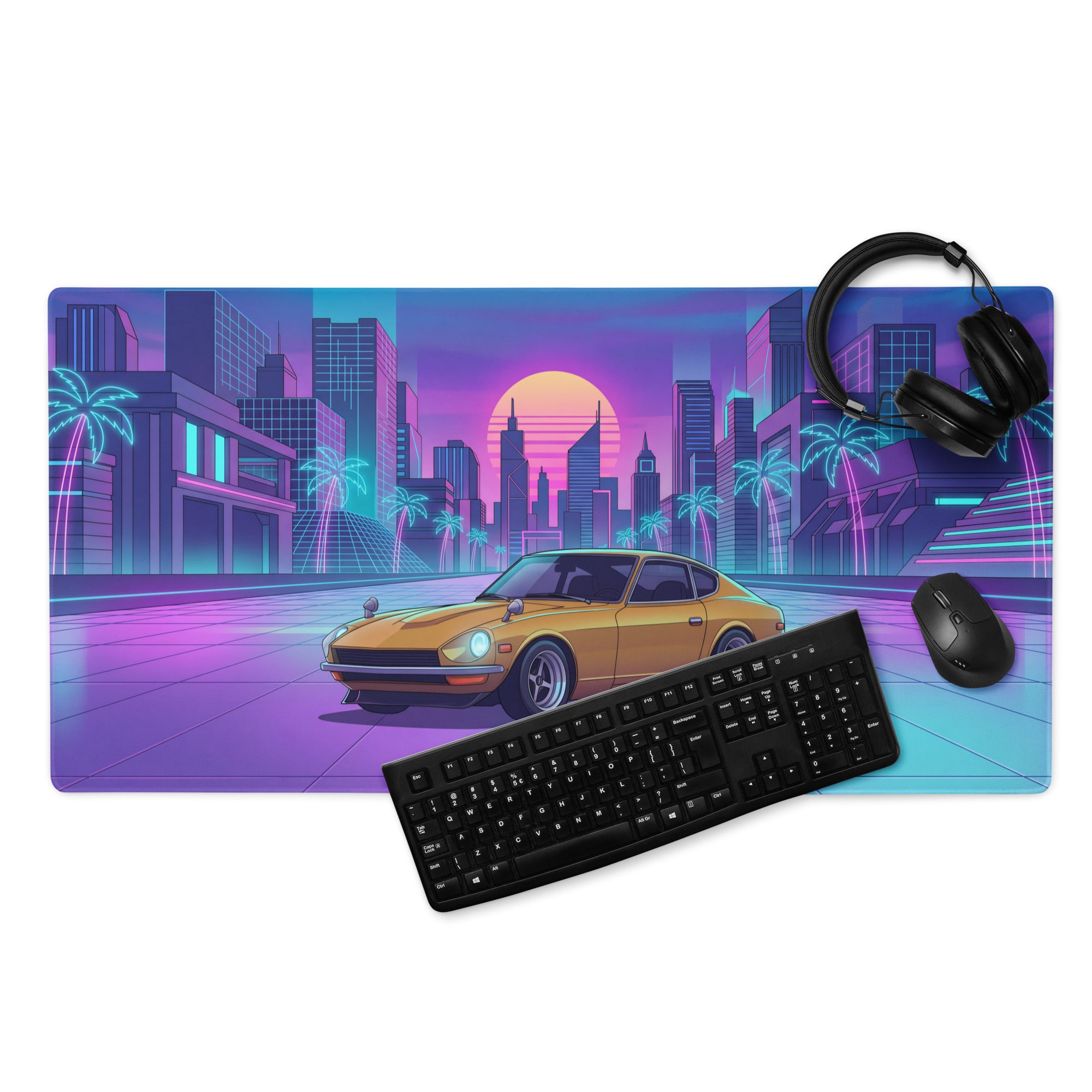 Datsun 240Z Inspired Gold Purple Vaporwave Gaming Mouse Pad, Classic JDM Sports Car Desk Mat with Retro Futuristic Neon City Sunset Artwork
