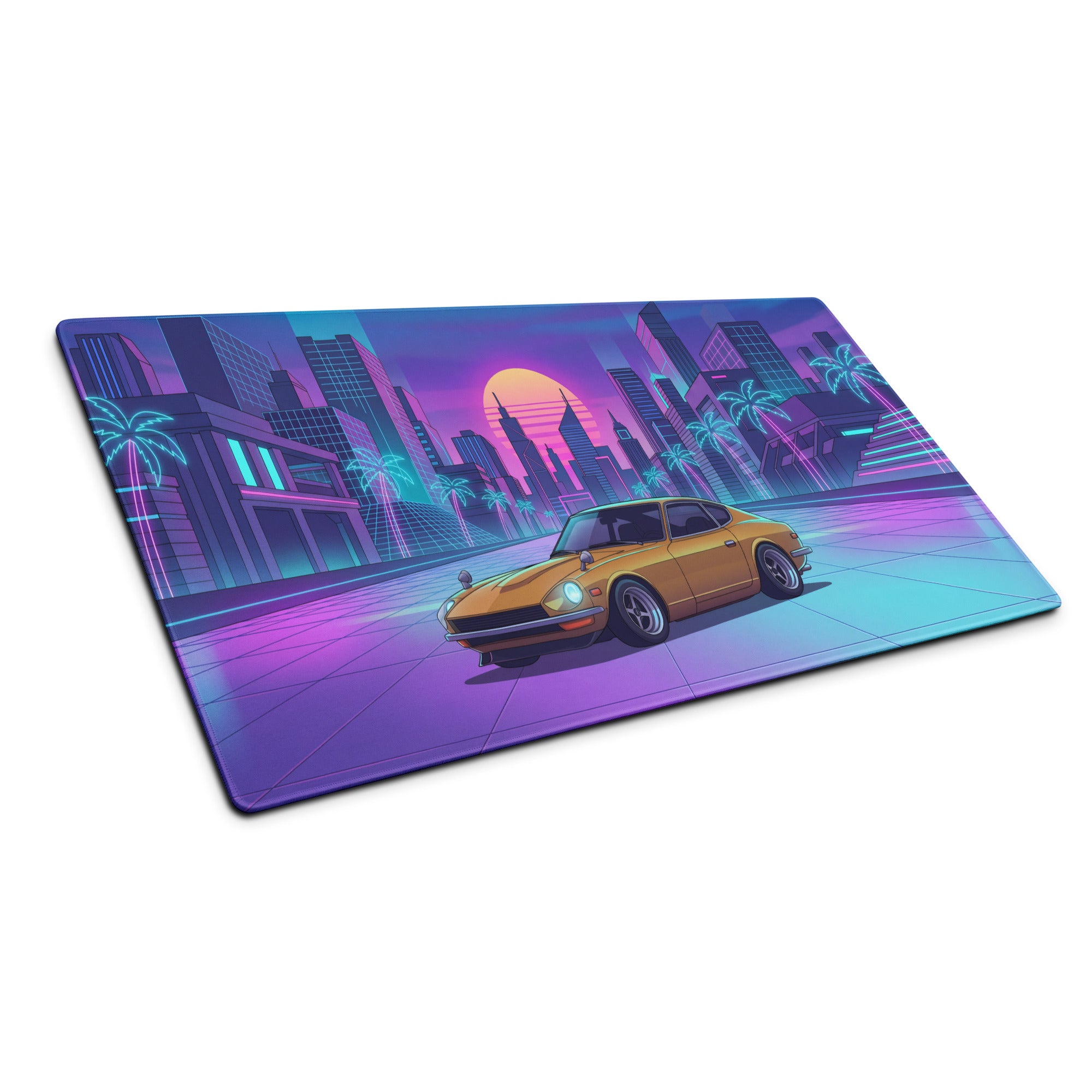 Datsun 240Z Inspired Gold Purple Vaporwave Gaming Mouse Pad, Classic JDM Sports Car Desk Mat with Retro Futuristic Neon City Sunset Artwork