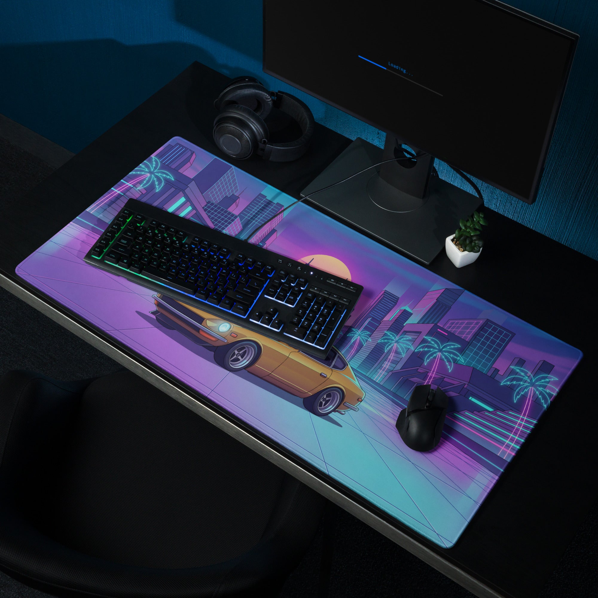 Datsun 240Z Inspired Gold Purple Vaporwave Gaming Mouse Pad, Classic JDM Sports Car Desk Mat with Retro Futuristic Neon City Sunset Artwork