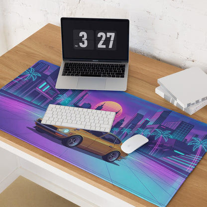 Datsun 240Z Inspired Gold Purple Vaporwave Gaming Mouse Pad, Classic JDM Sports Car Desk Mat with Retro Futuristic Neon City Sunset Artwork