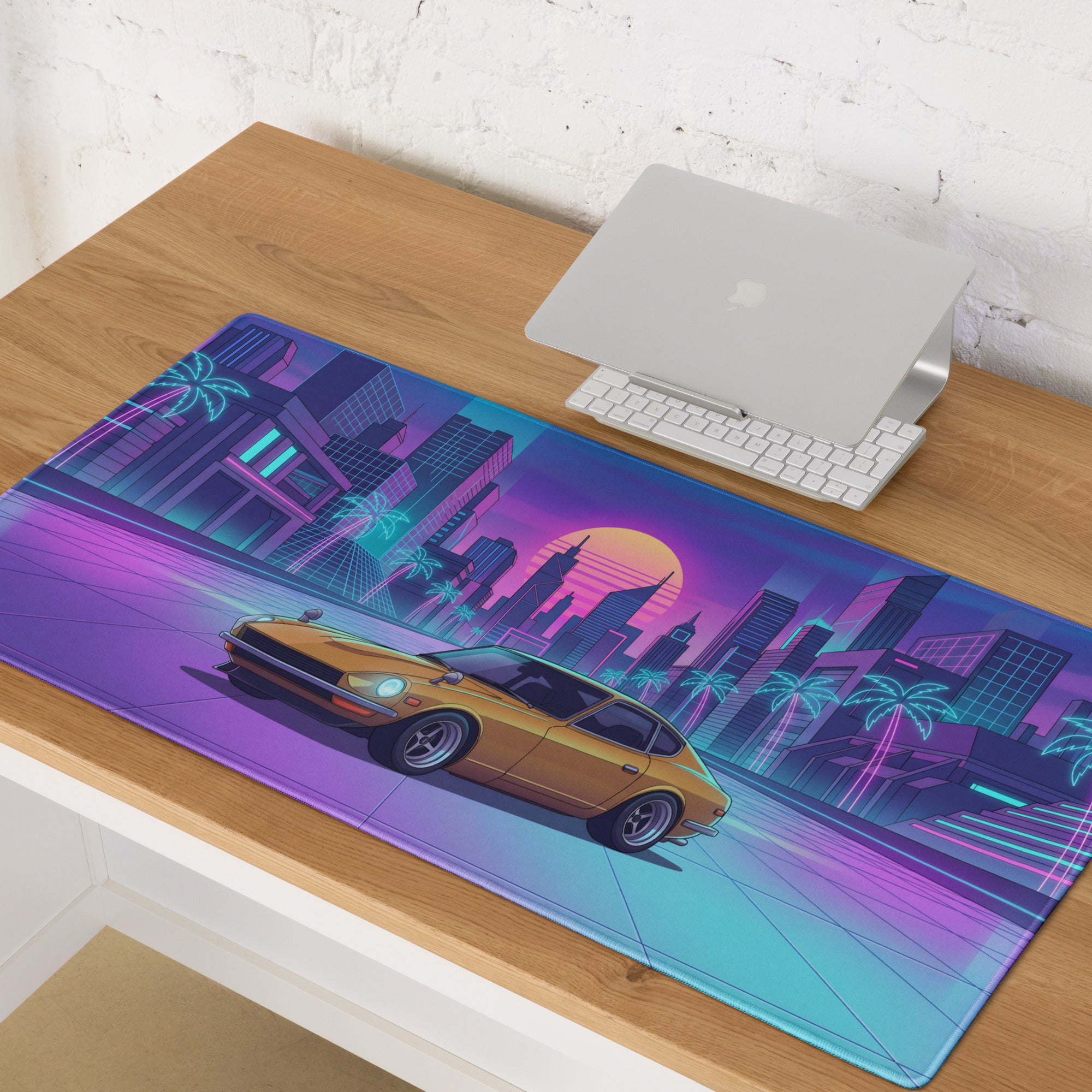 Datsun 240Z Inspired Gold Purple Vaporwave Gaming Mouse Pad, Classic JDM Sports Car Desk Mat with Retro Futuristic Neon City Sunset Artwork