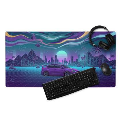 Mitsubishi Lancer Evolution X Inspired Purple Blue Vaporwave Gaming Mouse Pad, Neon JDM Rally Car Desk Mat with Retro Futuristic Cyber Grid Artwork