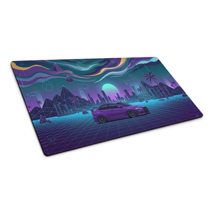 Mitsubishi Lancer Evolution X Inspired Purple Blue Vaporwave Gaming Mouse Pad, Neon JDM Rally Car Desk Mat with Retro Futuristic Cyber Grid Artwork