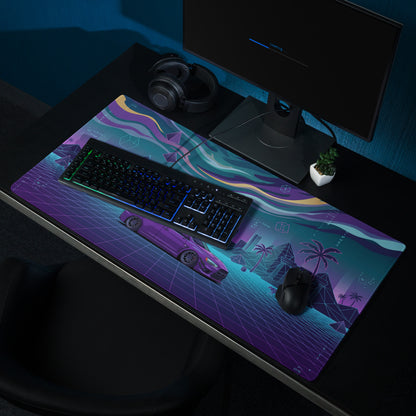 Mitsubishi Lancer Evolution X Inspired Purple Blue Vaporwave Gaming Mouse Pad, Neon JDM Rally Car Desk Mat with Retro Futuristic Cyber Grid Artwork