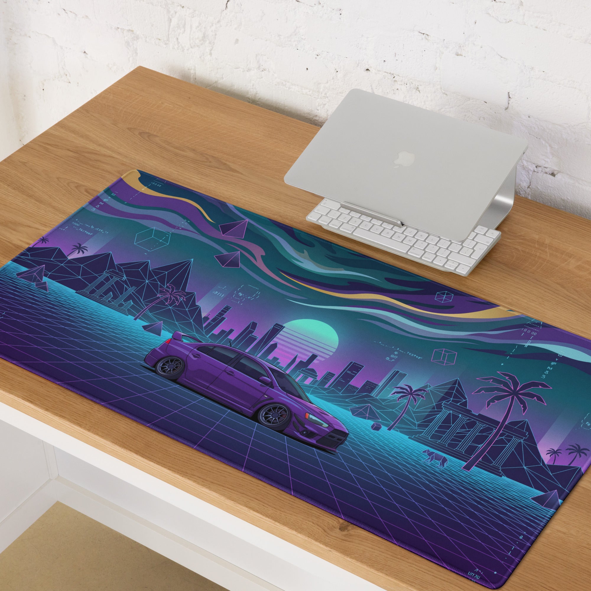 Mitsubishi Lancer Evolution X Inspired Purple Blue Vaporwave Gaming Mouse Pad, Neon JDM Rally Car Desk Mat with Retro Futuristic Cyber Grid Artwork
