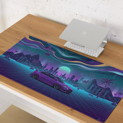 Mitsubishi Lancer Evolution X Inspired Purple Blue Vaporwave Gaming Mouse Pad, Neon JDM Rally Car Desk Mat with Retro Futuristic Cyber Grid Artwork