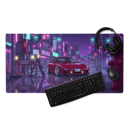 Mazda RX-7 FD Inspired Red Purple Vaporwave Gaming Mouse Pad, Neon JDM Sports Car Desk Mat with Retro Futuristic Japanese City Artwork